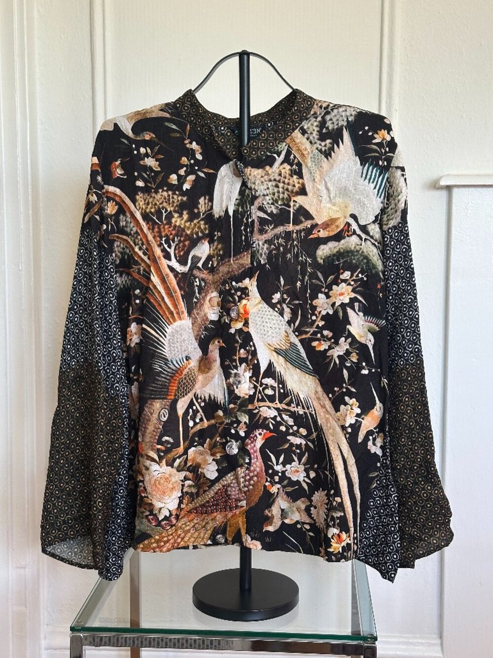 Citron Santa Monica Silk Blend Bird / Crane Print Blouse | 3X | Art to Wear